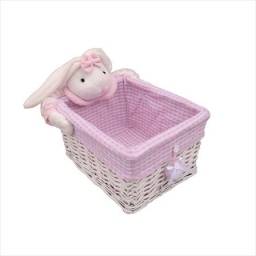 Cesto peluche rosa de Rattan Blanco 28 x 22 x 16 cm de alto.