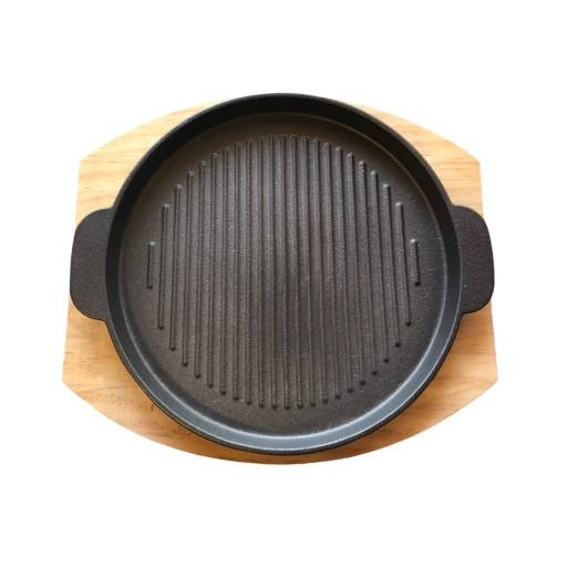 Plancha grill redonda Hierro fundido con Base Madera